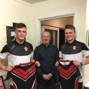 New Saints: Dalton pair Jack Stephenson (left) and Evan Jones (right), with coach Dave High after being signed up by St Helens SUBMITTED