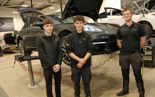 Porsche Centre South Lakes’ apprentices Jim Willis (right) with new starters Josh Lucas (left) and Freddie Edmondson (centre)